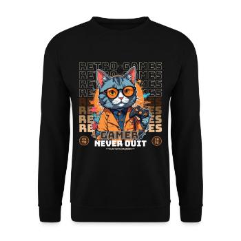 Retro Gamer Katze mit Controller Konsolenspiele - Unisex Pullover - Schwarz - Vorne - Alina (178cm) & Michal (187cm)