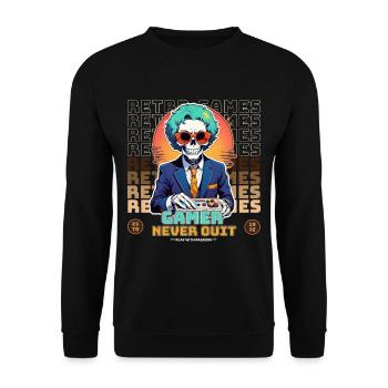 Retro Gamer Skelett mit Controller Konsolenspiele - Unisex Pullover - Schwarz - Vorne - Alina (178cm) & Michal (187cm)