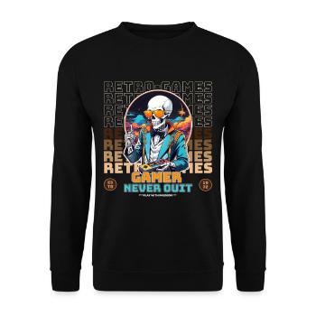 Retro Gamer Skelett mit Controller Konsolenspiele - Unisex Pullover - Schwarz - Vorne - Alina (178cm) & Michal (187cm)