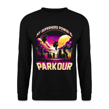 Parkour Mon pouvoir de super-héros, c’est le parkour - Sweat-shirt Unisexe - noir - Devant - Alina (178cm) & Michal (187cm)