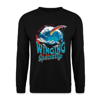 Paramotoring Motorschirm Winging Is My Speciality - Unisex Pullover - Schwarz - Vorne - Alina (178cm) & Michal (187cm)