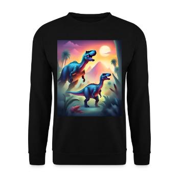 Epische bunte Dinosaurier und Sonnenuntergang - Unisex Pullover - Schwarz - Vorne - Alina (178cm) & Michal (187cm)