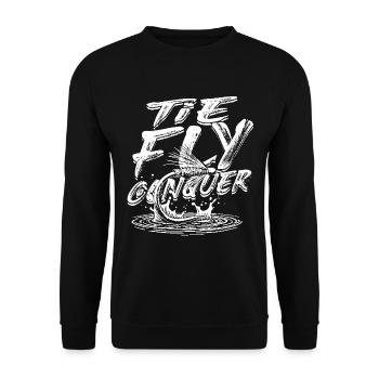 Fliegenfischen Fliegenangler Tie Fly Conquer - Unisex Pullover - Schwarz - Vorne - Alina (178cm) & Michal (187cm)