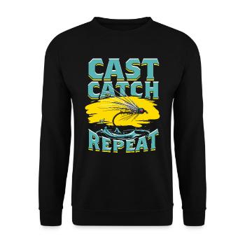 Fliegenfischen Fliegenangler Cast Catch Repeat - Unisex Pullover - Schwarz - Vorne - Alina (178cm) & Michal (187cm)