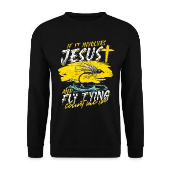 Fliegenfischen Fliegenangler Jesus And Fly Tying - Unisex Pullover - Schwarz - Vorne - Alina (178cm) & Michal (187cm)