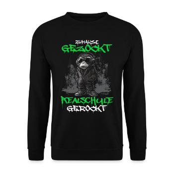 Zuhause gezockt Realschule gerockt Schulabschluss - Unisex Pullover - Schwarz - Vorne - Alina (178cm) & Michal (187cm)