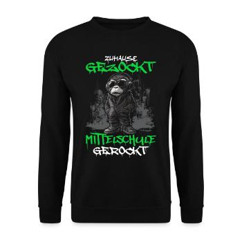 Zuhause gezockt Mittelschule gerockt Affe - Unisex Pullover - Schwarz - Vorne - Alina (178cm) & Michal (187cm)