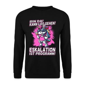 Bin da kann los gehen Eskalation ist Programm Bier - Unisex Pullover - Schwarz - Vorne - Alina (178cm) & Michal (187cm)