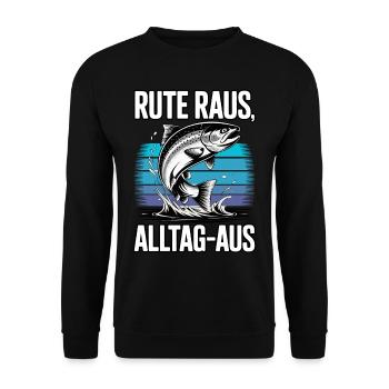Angeln | Rute raus Alltag aus | Angler - Unisex Pullover - Schwarz - Vorne - Alina (178cm) & Michal (187cm)