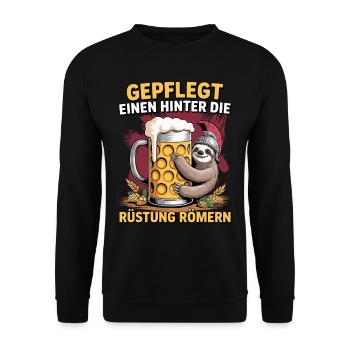 Gepflegt einen hinter die Rüstung römern Faultier - Unisex Pullover - Schwarz - Vorne - Alina (178cm) & Michal (187cm)