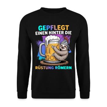 Gepflegt einen hinter die Rüstung römern Faultier - Unisex Pullover - Schwarz - Vorne - Alina (178cm) & Michal (187cm)
