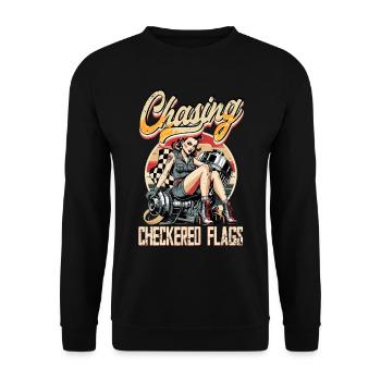 Petrolhead Auto Tuning Chasing Checkered Flags - Unisex Pullover - Schwarz - Vorne - Alina (178cm) & Michal (187cm)