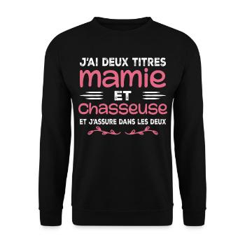 Zwei Titel Granny Hunter | Oma | Jagd - Unisex Pullover - Schwarz - Vorne - Alina (178cm) & Michal (187cm)