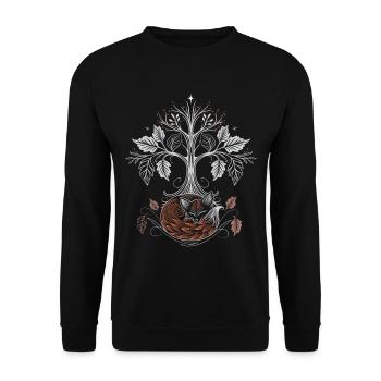 Schlafender Fuchs unter Lebensbaum - Herbstnacht - Unisex Pullover - Schwarz - Vorne - Alina (178cm) & Michal (187cm)