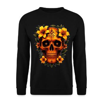 Totenkopf mit Blumen  - Unisex Pullover - Schwarz - Vorne - Alina (178cm) & Michal (187cm)