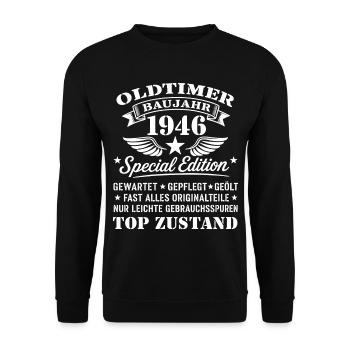 Geschenk zum 80. Geburtstag Oldtimer 1946 - Unisex Pullover - Schwarz - Vorne - Alina (178cm) & Michal (187cm)