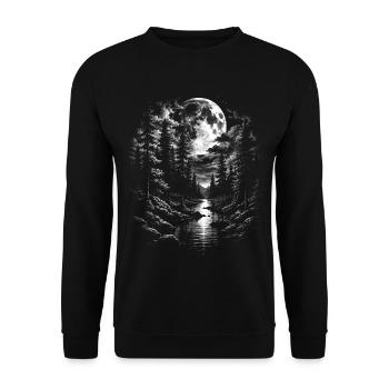 Vollmond über Waldsee im Zeichenstil - Unisex Pullover - Schwarz - Vorne - Alina (178cm) & Michal (187cm)