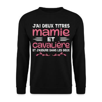 Zwei Titel Granny Rider | Oma | Pferd - Unisex Pullover - Schwarz - Vorne - Alina (178cm) & Michal (187cm)