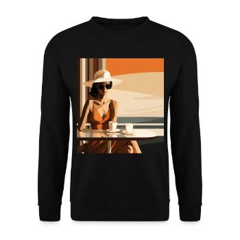 Jeune femme dans un café - minimaliste réduit - Sweat-shirt Unisexe - noir - Devant - Alina (178cm) & Michal (187cm)