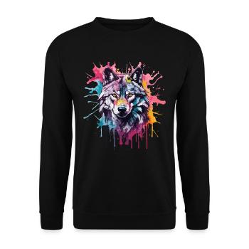 Cooler bunter Wolf in Aquarellfarben. Illustration - Unisex Pullover - Schwarz - Vorne - Alina (178cm) & Michal (187cm)