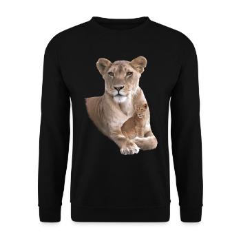 Löwen-Mama mit Baby - Raubkatze - Katze - Afrika - Unisex Pullover - Schwarz - Vorne - Alina (178cm) & Michal (187cm)