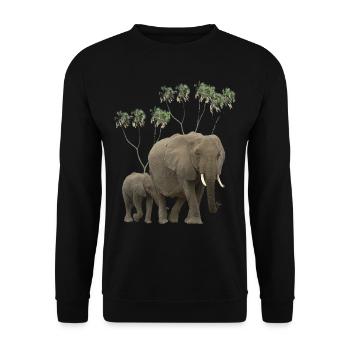 Elefanten Mama + Baby + Doumpalmen in Afrika - Unisex Pullover - Schwarz - Vorne - Alina (178cm) & Michal (187cm)