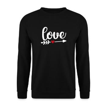 Love mit Pfeil und rotem Herz - Unisex Pullover - Schwarz - Vorne - Alina (178cm) & Michal (187cm)