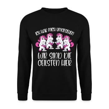 Mallorca Sprüche Einhorn Party Die Geilsten hier - Unisex Pullover - Schwarz - Vorne - Alina (178cm) & Michal (187cm)