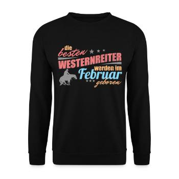 Westernreiter Geburtstag Februar - Unisex Pullover - Schwarz - Vorne - Alina (178cm) & Michal (187cm)