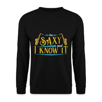 Lustig Saxophonist Saxofonistin Geschenk - Unisex Pullover - Schwarz - Vorne - Alina (178cm) & Michal (187cm)