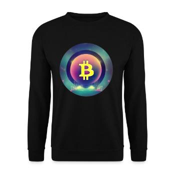 Bitcoin Logo im Synthetische Wave Stil - Unisex Pullover - Schwarz - Vorne - Alina (178cm) & Michal (187cm)