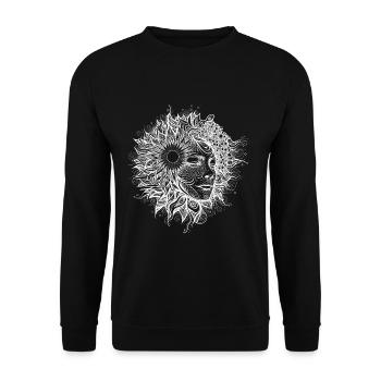 Boho Artwork, Frau mit Sonnenmuster - Unisex Pullover - Schwarz - Vorne - Alina (178cm) & Michal (187cm)