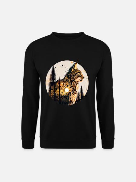 Luchs mit Mond im Wald mit Muster - Unisex Pullover - Schwarz