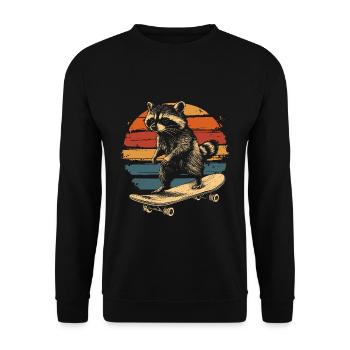 Waschbär auf Skateboard vintage - Unisex Pullover - Schwarz - Vorne - Alina (178cm) & Michal (187cm)