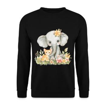 Cute Cat And Elephant Friends - Unisex Pullover - Schwarz - Vorne - Alina (178cm) & Michal (187cm)