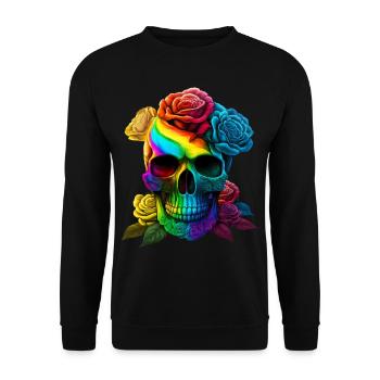 Totenkopf in Regenbogenfarben - Unisex Pullover - Schwarz - Vorne - Alina (178cm) & Michal (187cm)
