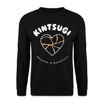 Umarmen Sie Unvollkommenheiten mit dem Kintsugi Heart Design - Unisex Pullover - Schwarz - Vorne - Alina (178cm) & Michal (187cm)