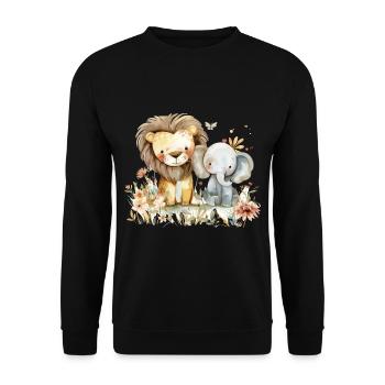 Cute Lion And Elephant Friends - Unisex Pullover - Schwarz - Vorne - Alina (178cm) & Michal (187cm)