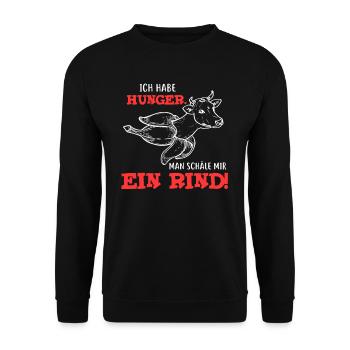 Ich habe Hunger Man schaele mir Ein Rind Grillen - Unisex Pullover - Schwarz - Vorne - Alina (178cm) & Michal (187cm)
