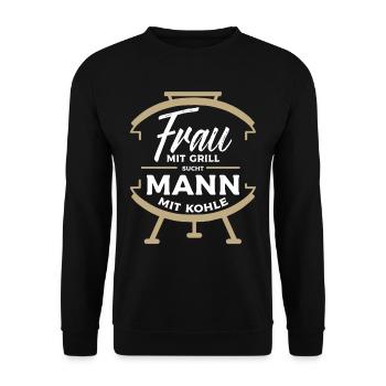 Frau mit Grill Sucht Mann mit Kohle Grillen Gr - Unisex Pullover - Schwarz - Vorne - Alina (178cm) & Michal (187cm)