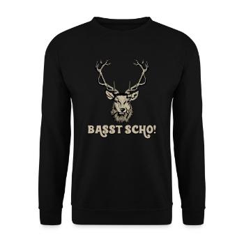 Basst Scho, Bayrisch, Bayern Hirsch - Unisex Pullover - Schwarz - Vorne - Alina (178cm) & Michal (187cm)