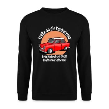 Grüße an die Konkurrenz kein Rückruf 1958 Trabi - Unisex Pullover - Schwarz - Vorne - Alina (178cm) & Michal (187cm)