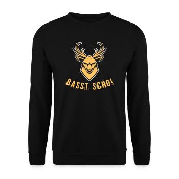 Basst Scho Bayrisch Hirsch Geweih Kopf - Unisex Pullover - Schwarz - Vorne - Alina (178cm) & Michal (187cm)