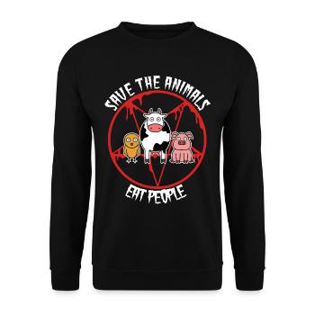 Rette die Tiere, esst Menschen - Unisex Pullover - Schwarz - Vorne - Alina (178cm) & Michal (187cm)