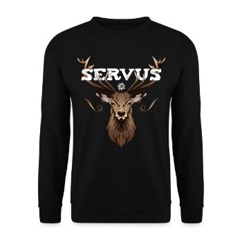 Servus Hirsch Geweih Bayern Spruch lustig Hallo - Unisex Pullover - Schwarz - Vorne - Alina (178cm) & Michal (187cm)