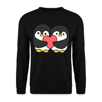 Comic Pinguin Paar das ein Herz hält - Unisex Pullover - Schwarz - Vorne - Alina (178cm) & Michal (187cm)