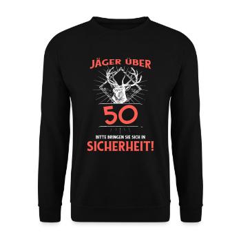 Jäger über 50 bitte bringen Sie sich in Sicherheit - Unisex Pullover - Schwarz - Vorne - Alina (178cm) & Michal (187cm)