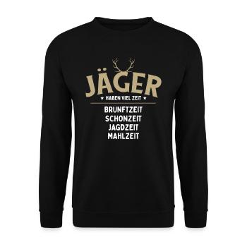 Jäger haben viel Zeit, Brunftzeit, Schonzeit, Jagd - Unisex Pullover - Schwarz - Vorne - Alina (178cm) & Michal (187cm)
