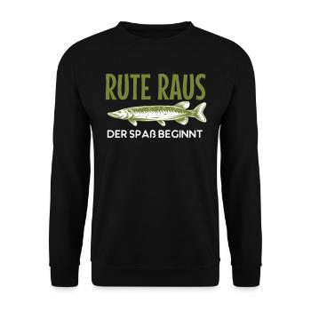 Rute raus der Spass beginnt, Fisch, Angler, Angeln - Unisex Pullover - Schwarz - Vorne - Alina (178cm) & Michal (187cm)