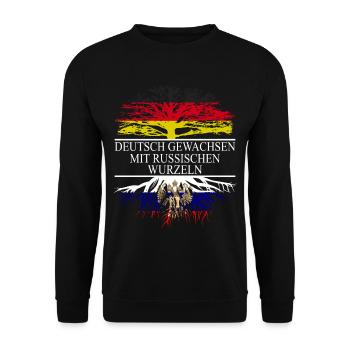 Deutsch gewachsen mit russischen Wurzeln Flagge Ru - Unisex Pullover - Schwarz - Vorne - Alina (178cm) & Michal (187cm)